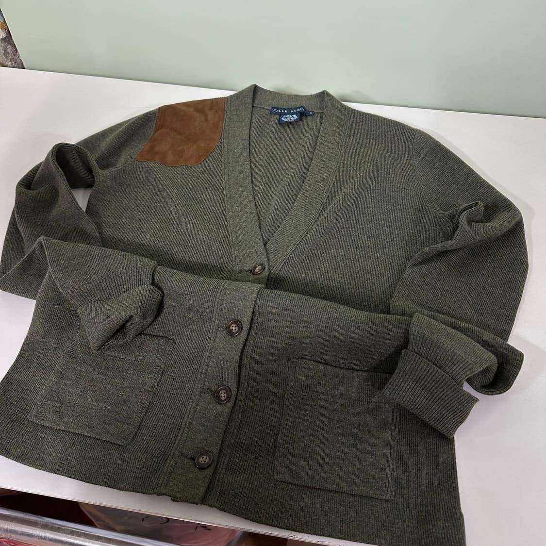 우먼M-L 폴로 랄프로렌 카키 염소가죽패치 메리노울 가디건 상품이미지1