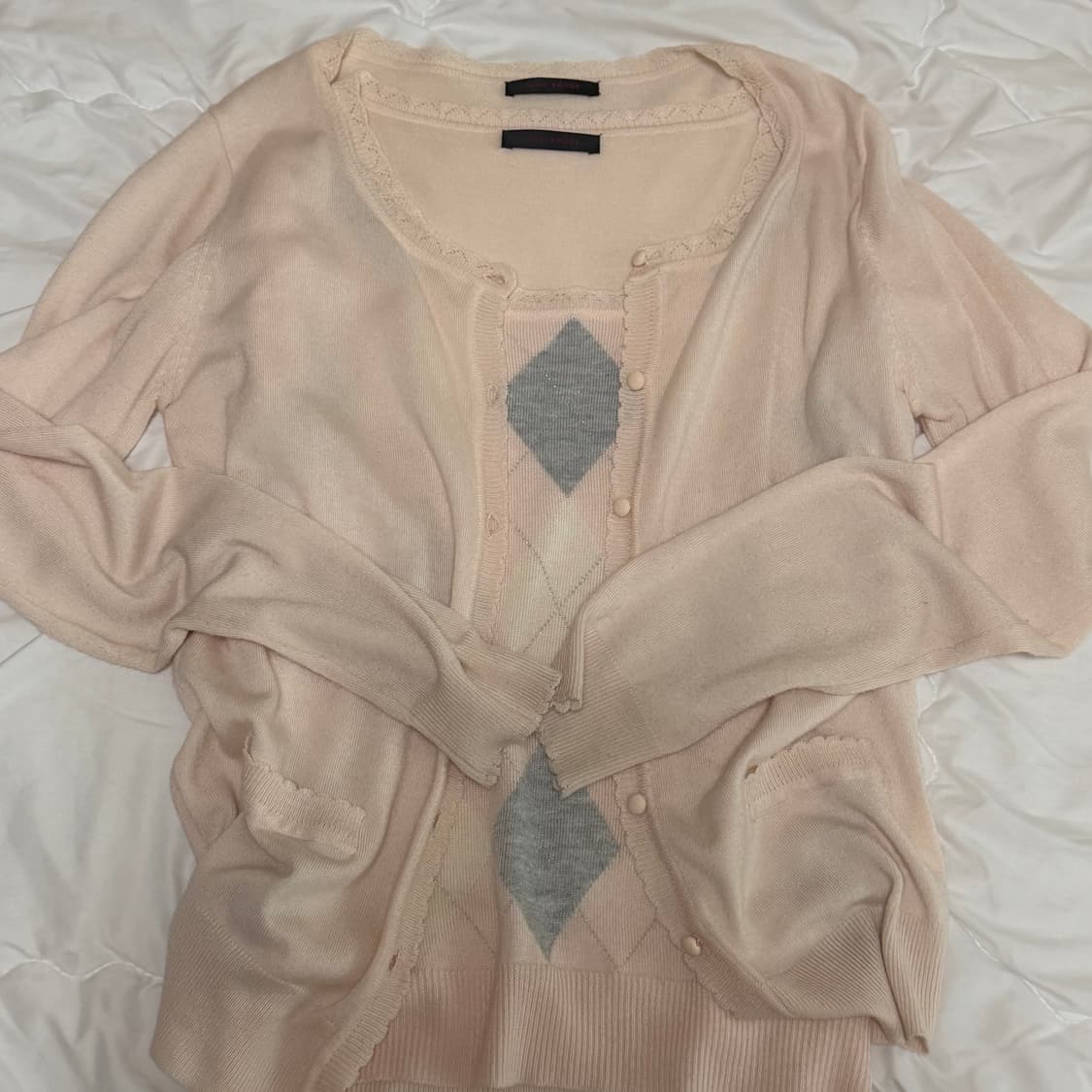 vino rouge 핑회 아가일 반팔 가디건 세트 상품이미지1