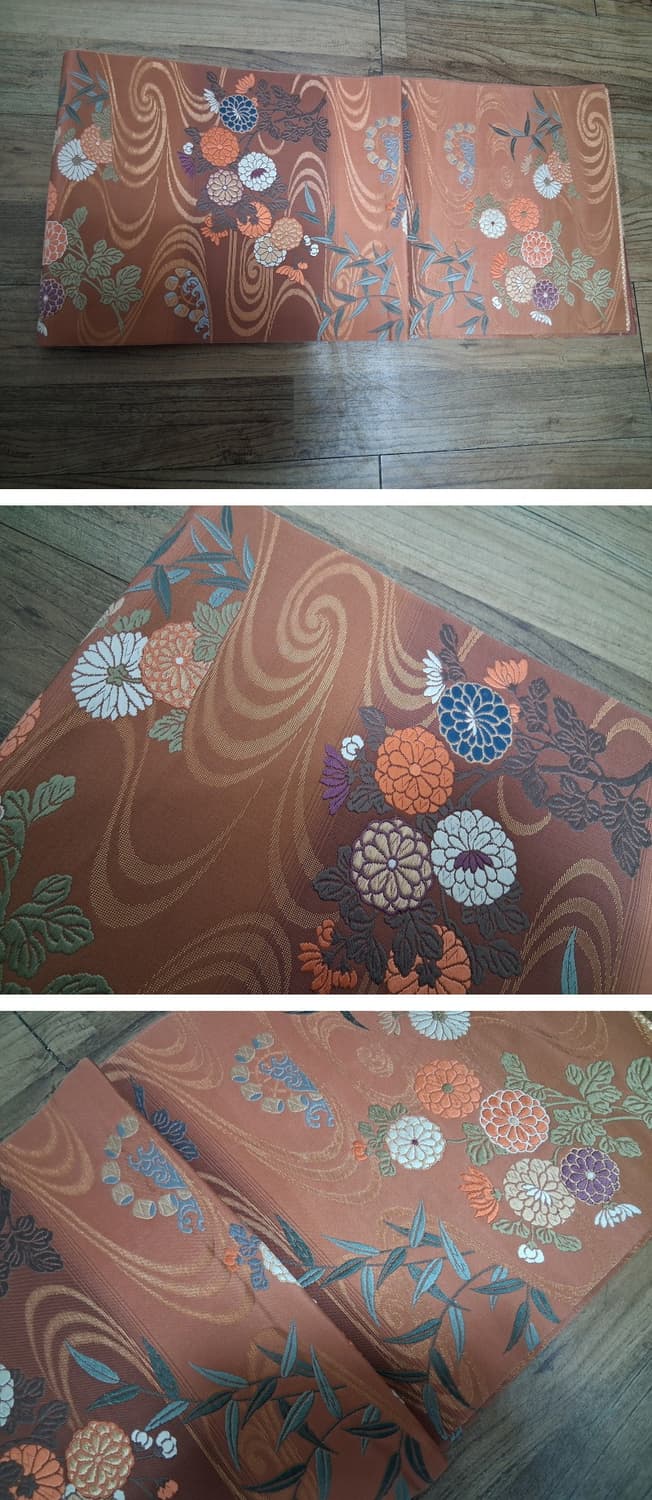 후쿠로오비 일본 고전패턴 대나무 플라워 자카드 견 후쿠로오비  상품이미지3