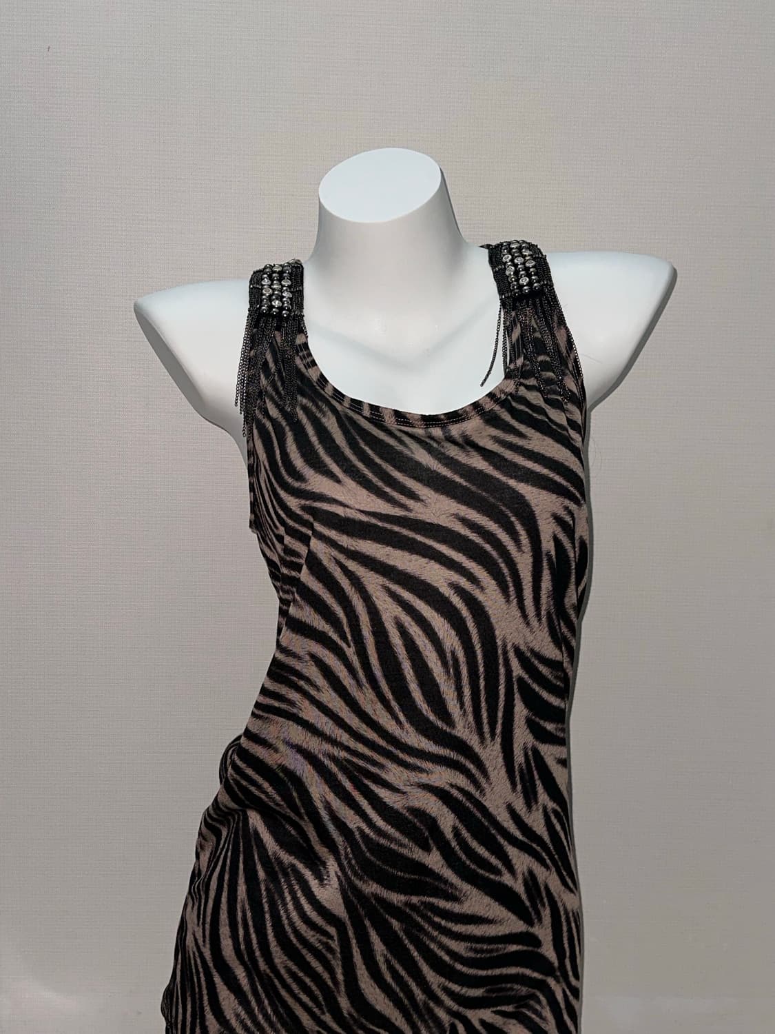 빈티지 갸루 지브라 체인 슬리브리스 원피스 상품이미지7