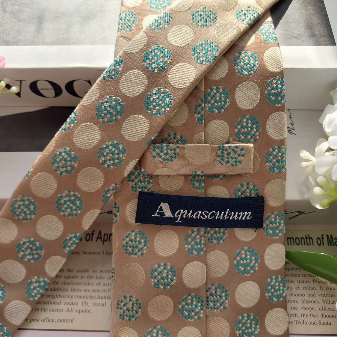 아쿠아스큐텀 실크 베이지 도트 패턴 넥타이 9.2cm A+등급 K1957 상품이미지6