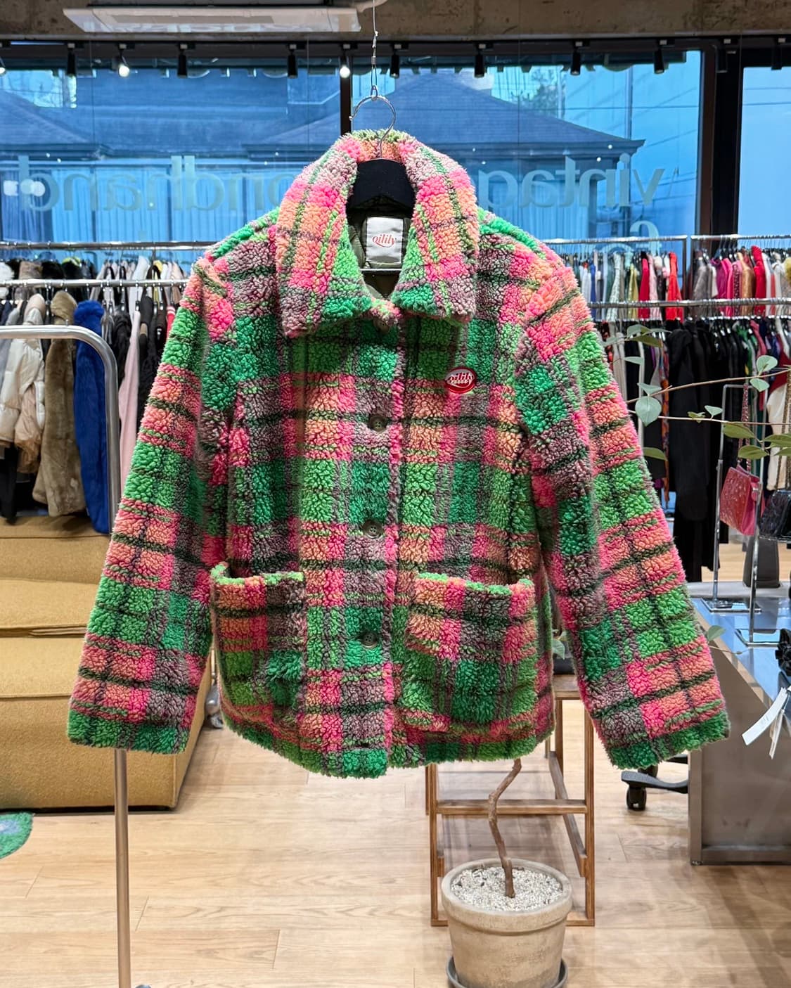 오일릴리 핑크 그린 체크 아크릴 플리스 자켓  상품이미지1