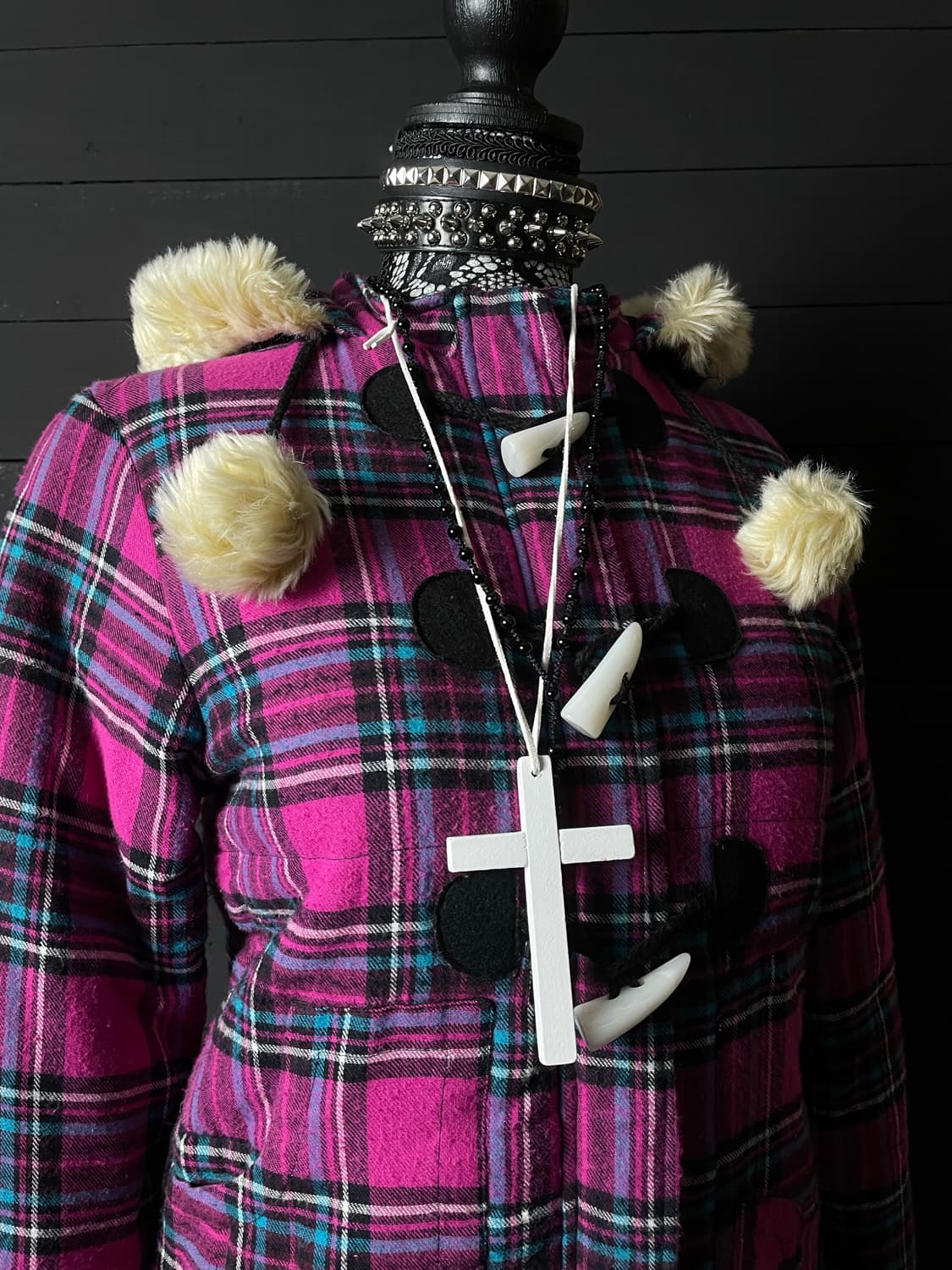 JPN  갸루 펑크 핑크 체크 패턴 퍼 더플 토글 떡볶이 코트 떡코 상품이미지4