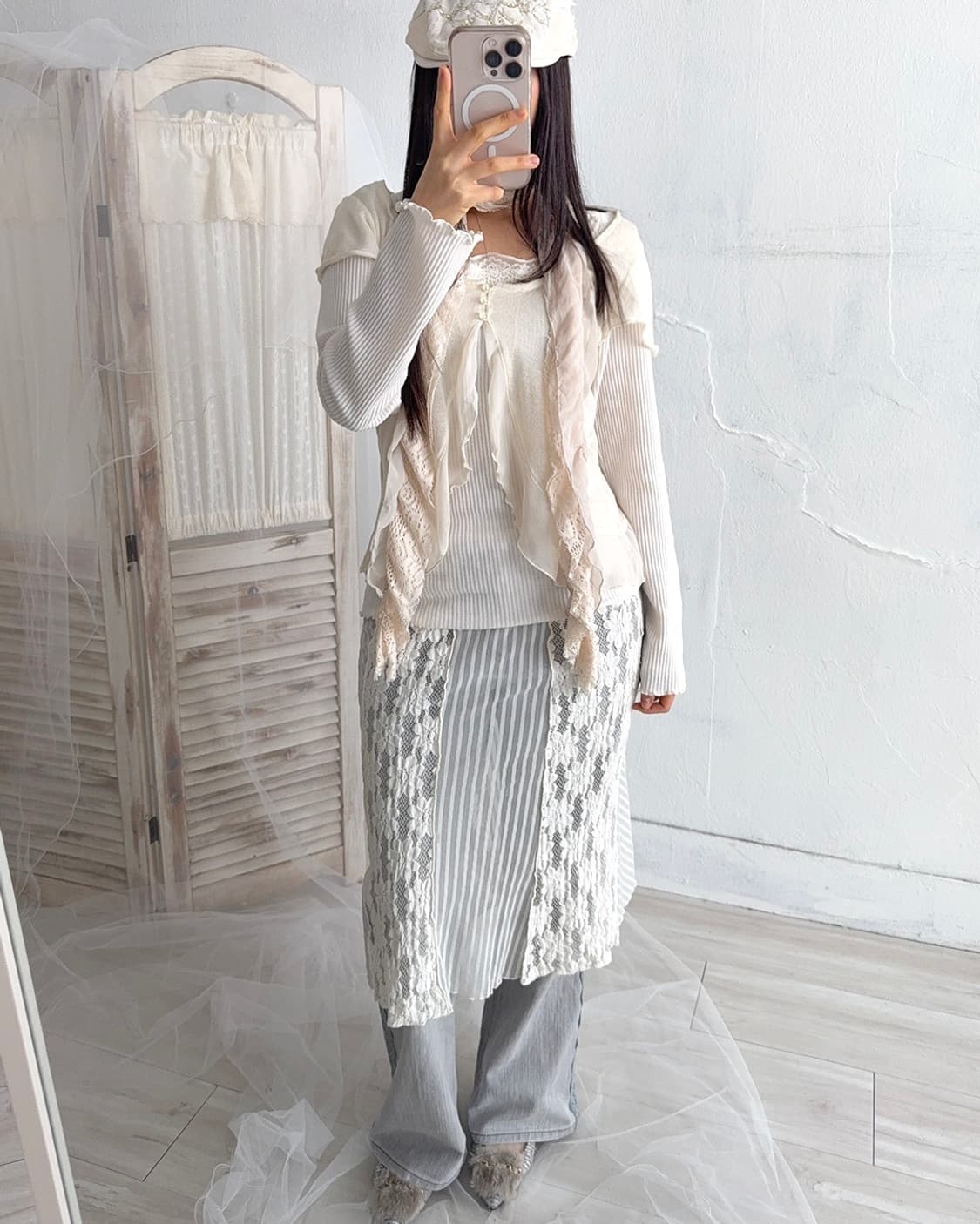 Ivory Lace Layering Midi Skirt 상품이미지6