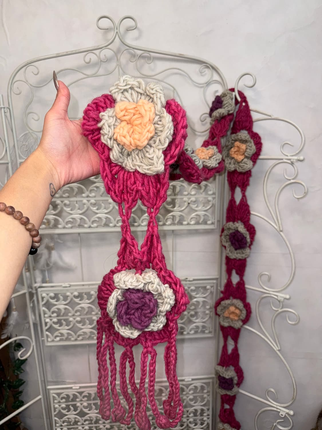 Hot pink flower crochet knit muffler  상품이미지3