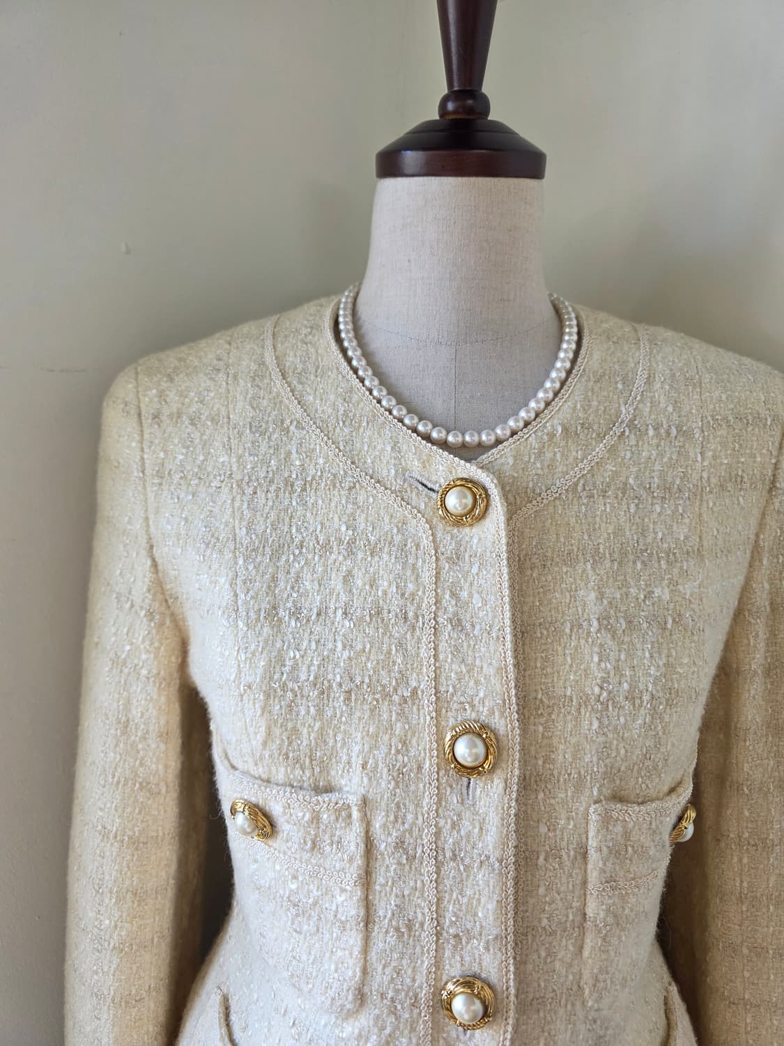 아이보리 레이스 테이핑 진주버튼 트위드 자켓 상품이미지1