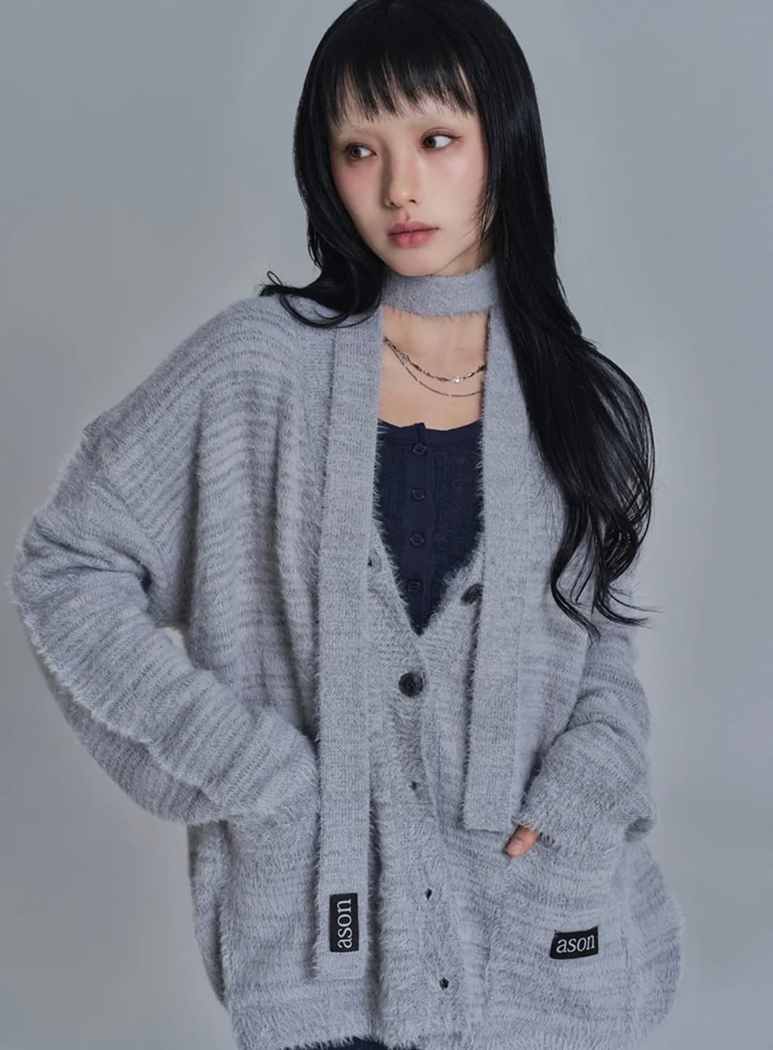 애즈온 루카 타이 가디건 그레이 상품이미지1