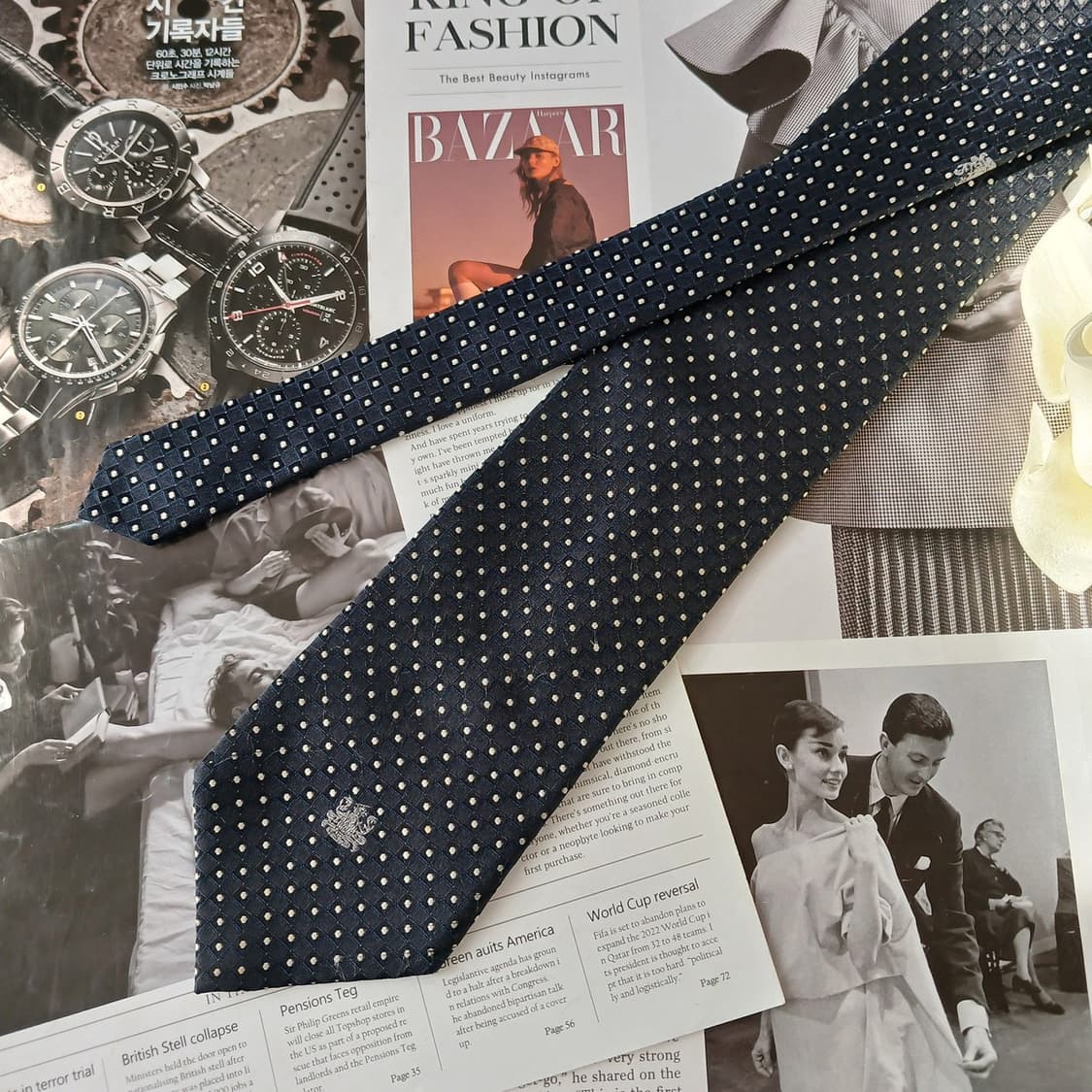 아쿠아스큐텀 실크 네이비 도트 패턴 넥타이 9.4cm B등급 A19574 상품이미지2