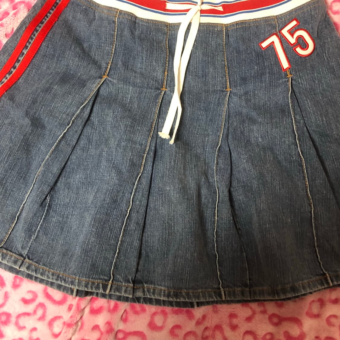 빈티지 플리츠 미디 데님 레드 포인트 스커트 치마 상품이미지3