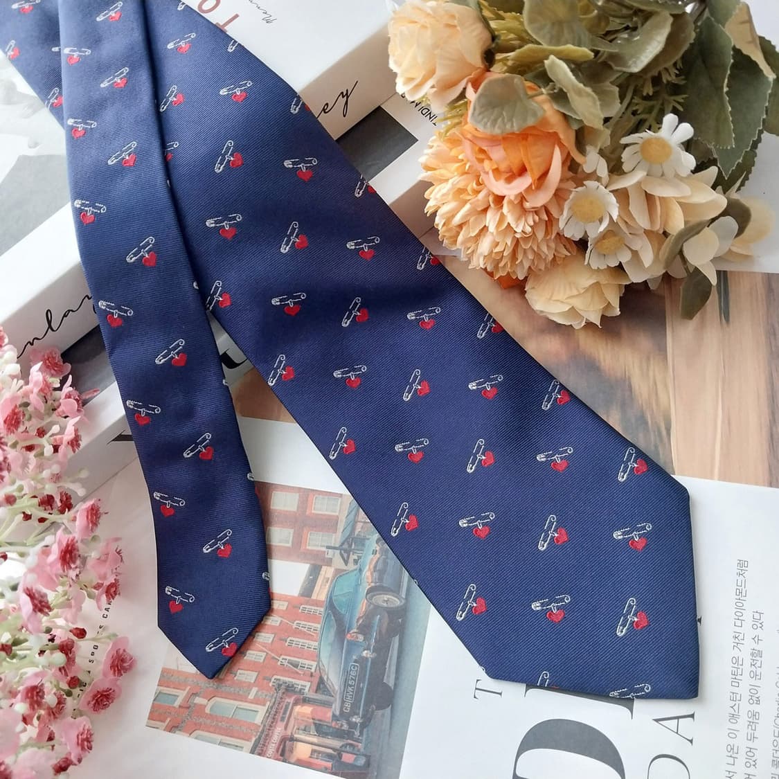 MCM 실크 네이비 핀&하트 모티브 넥타이 8.9cm A+등급 K1486 상품이미지2