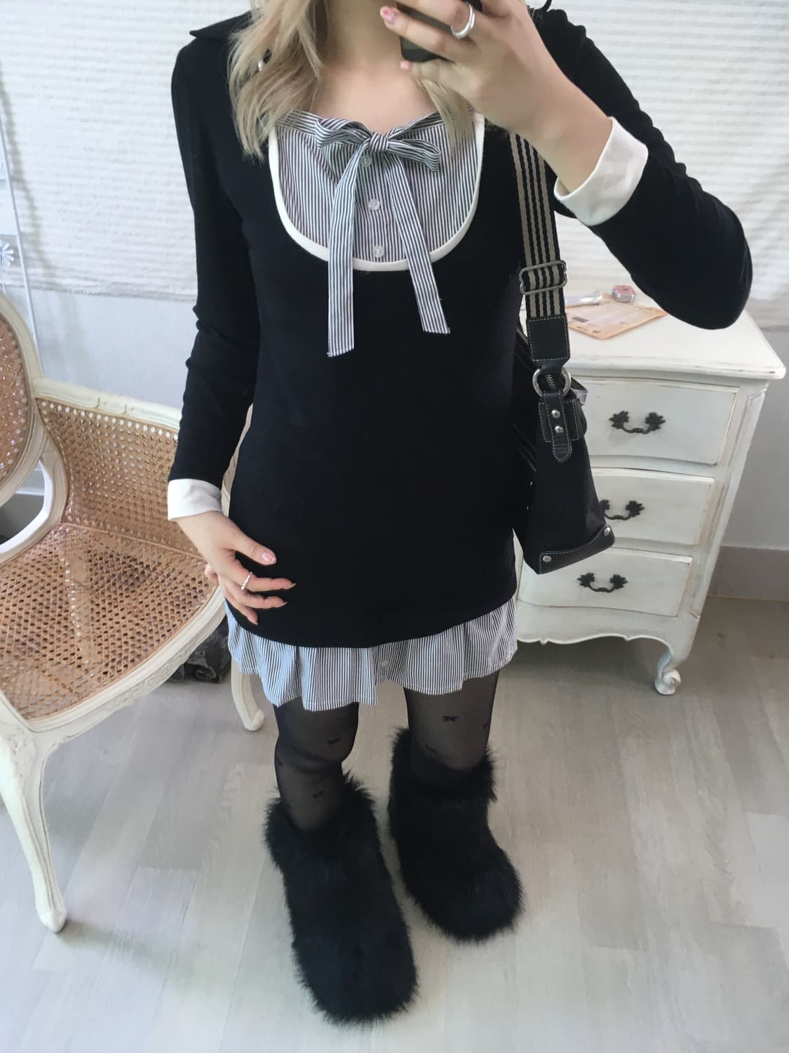 navy ribbon layered slim shirt one-piece 상품이미지2