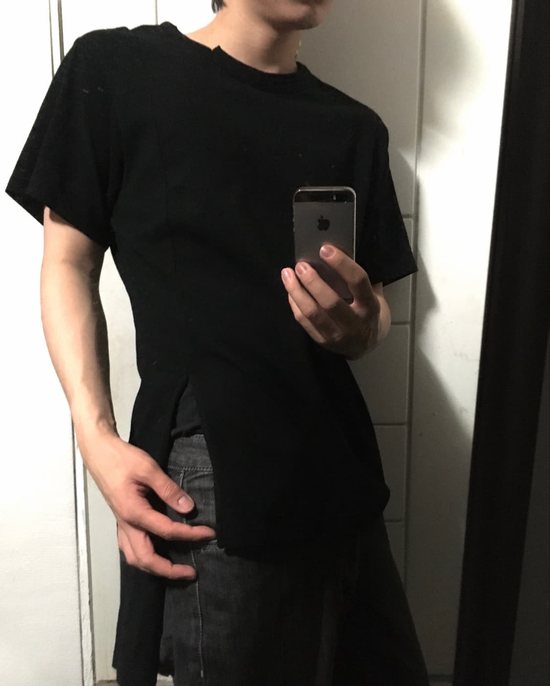 요지 야마모토 비대칭 사선 슬릿 반팔 티셔츠 상품이미지2