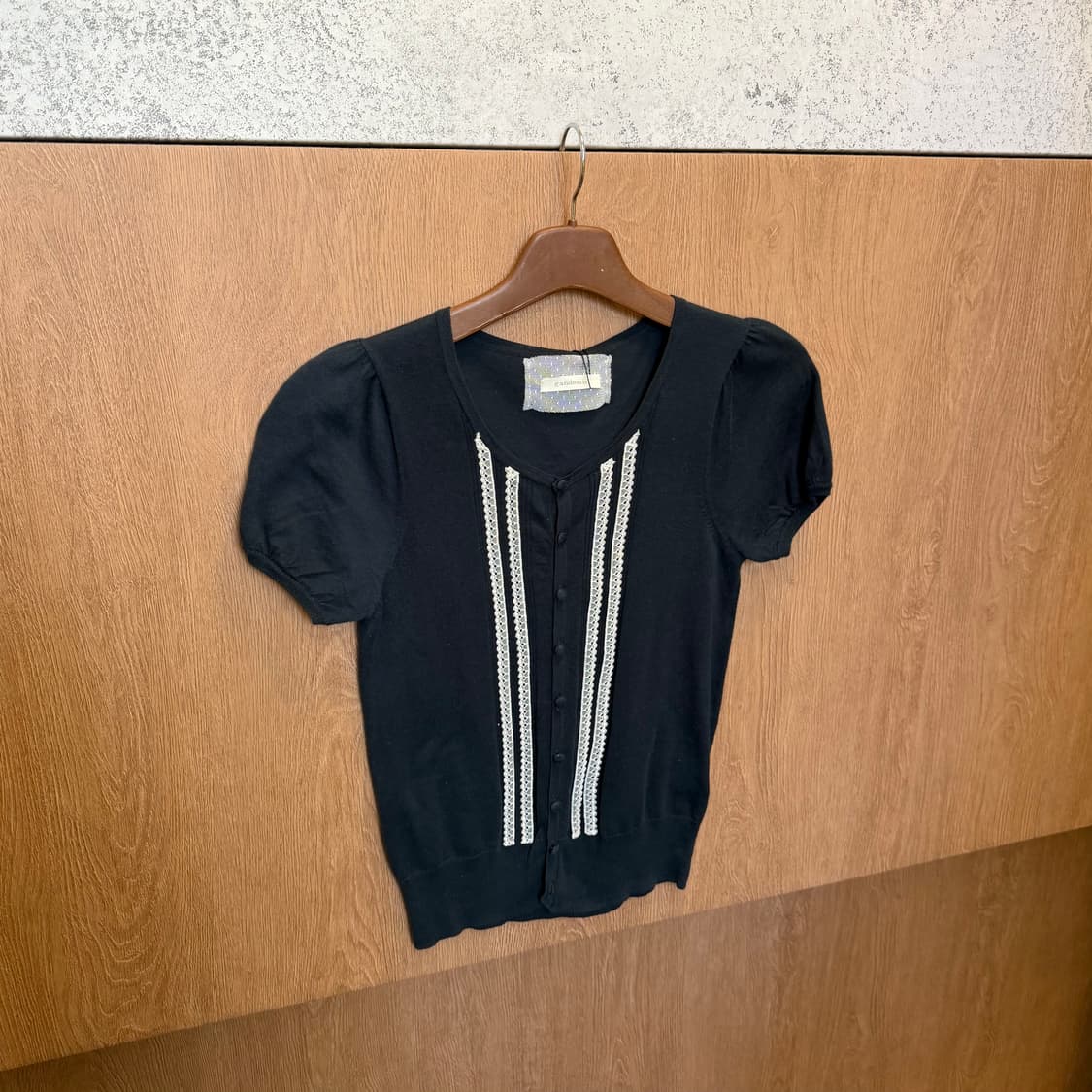 빈티지 반팔 니트 가디건 퍼프 소매 레이스 라인 디테일 네이비 상품이미지1