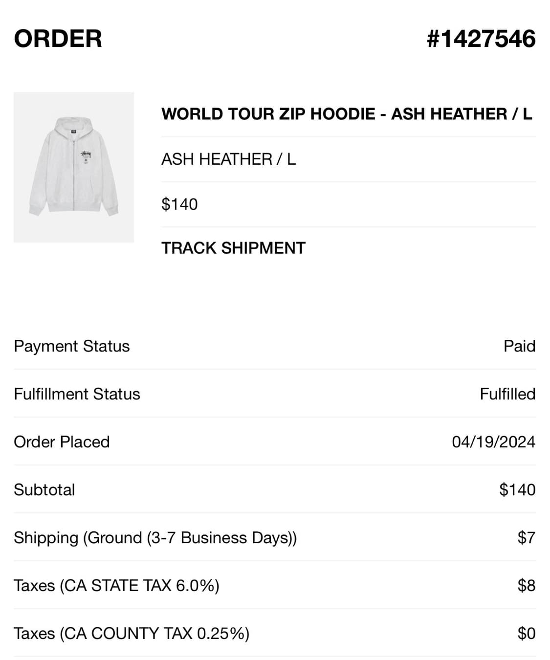 스투시 월드투어 후드집업 애쉬헤더 L 상품이미지5