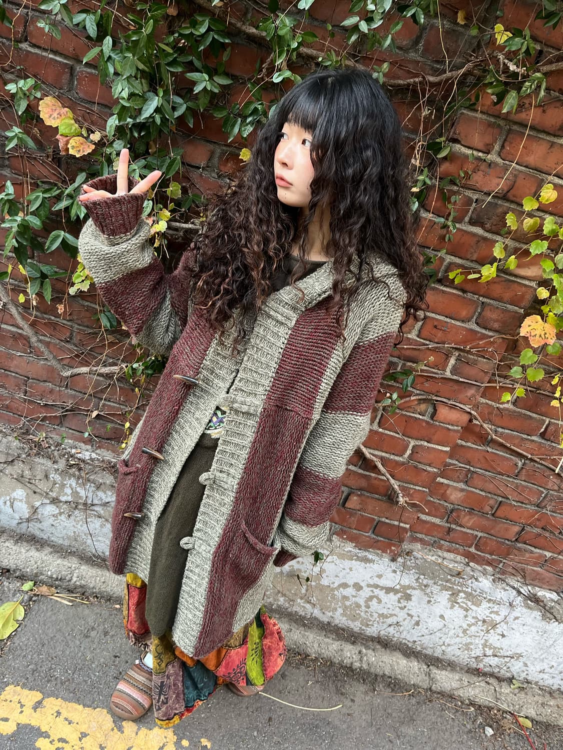 빈티지 버건디 니트 후드 더플 가디건 상품이미지1