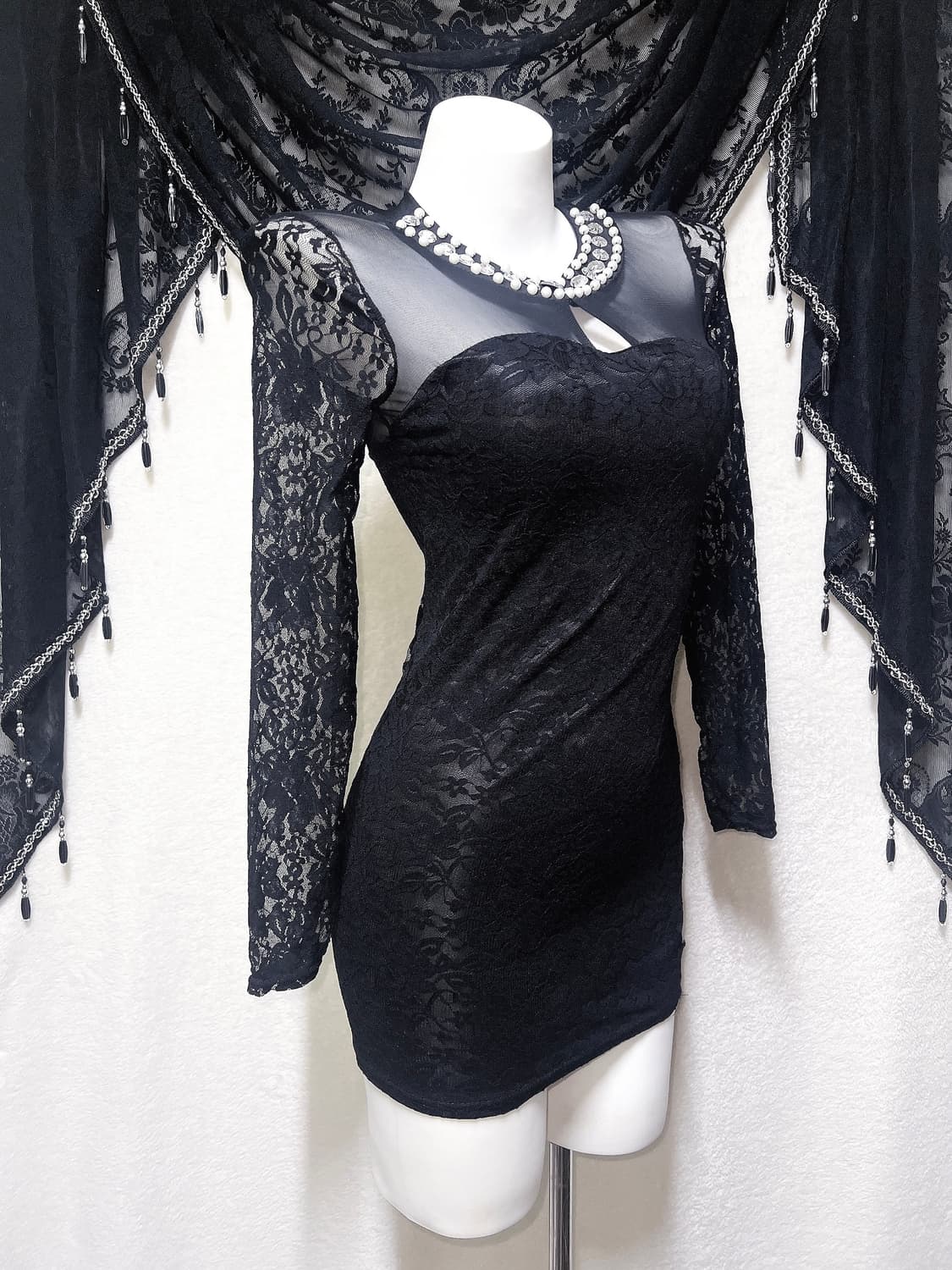 오네갸루 히메 진주 큐빅 블랙 레이스 시스루 망사 원피스 드레스 섹시 상품이미지3