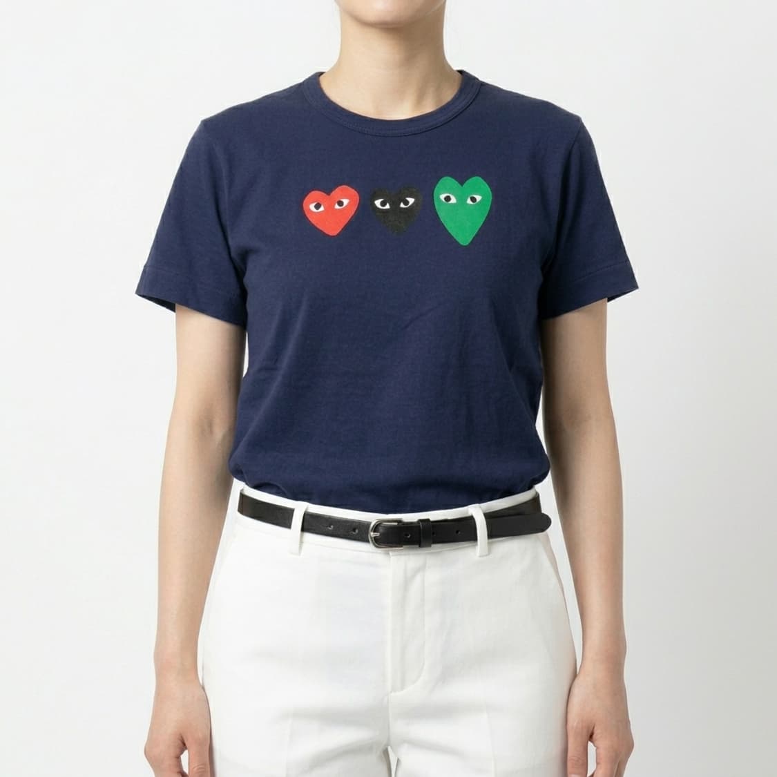정품 꼼데가르송 플레이 쓰리 하트 로고 반팔 티셔츠 네이비 (L) 상품이미지1