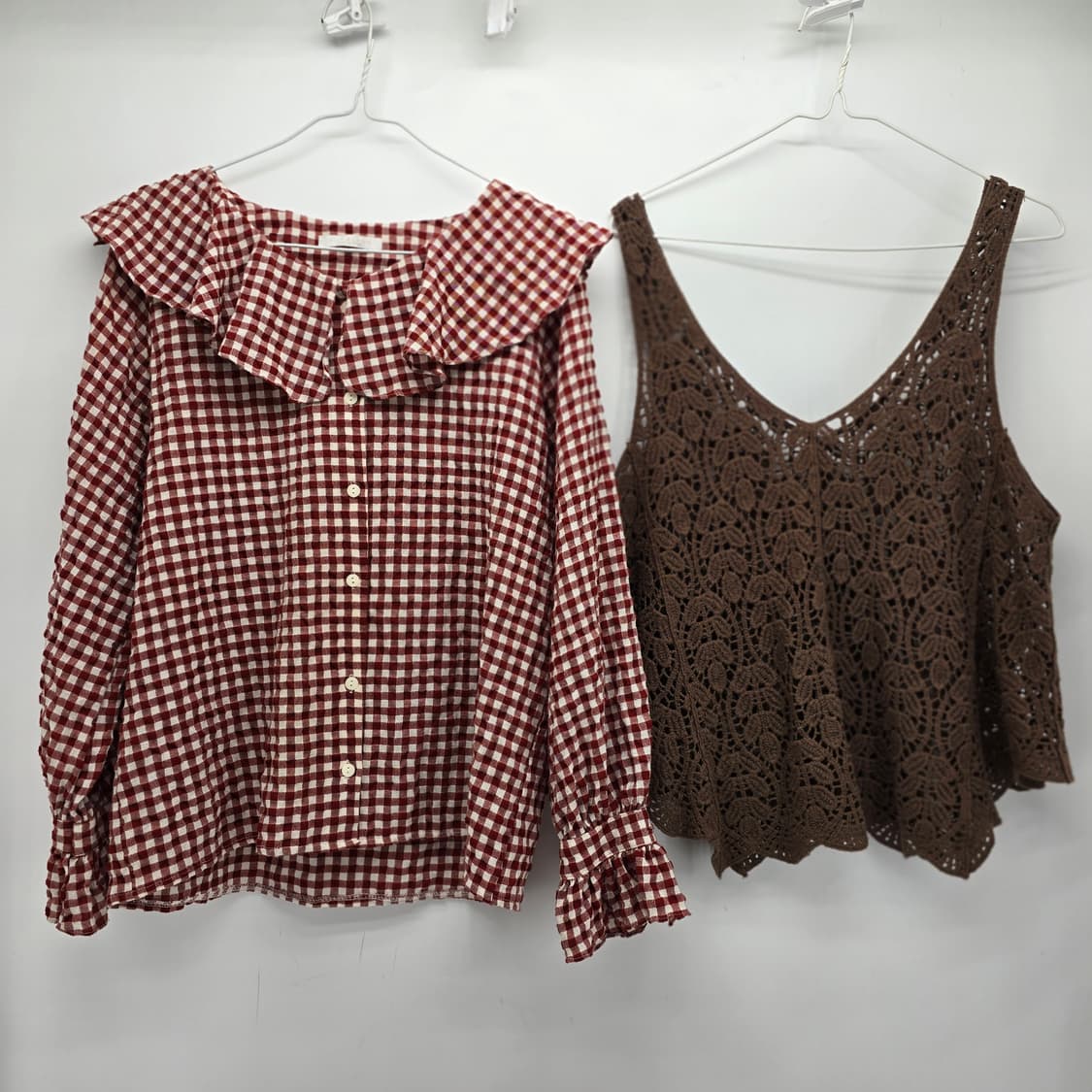 체크 블라우스 + 뜨개 조끼 코디 세트 상품이미지1