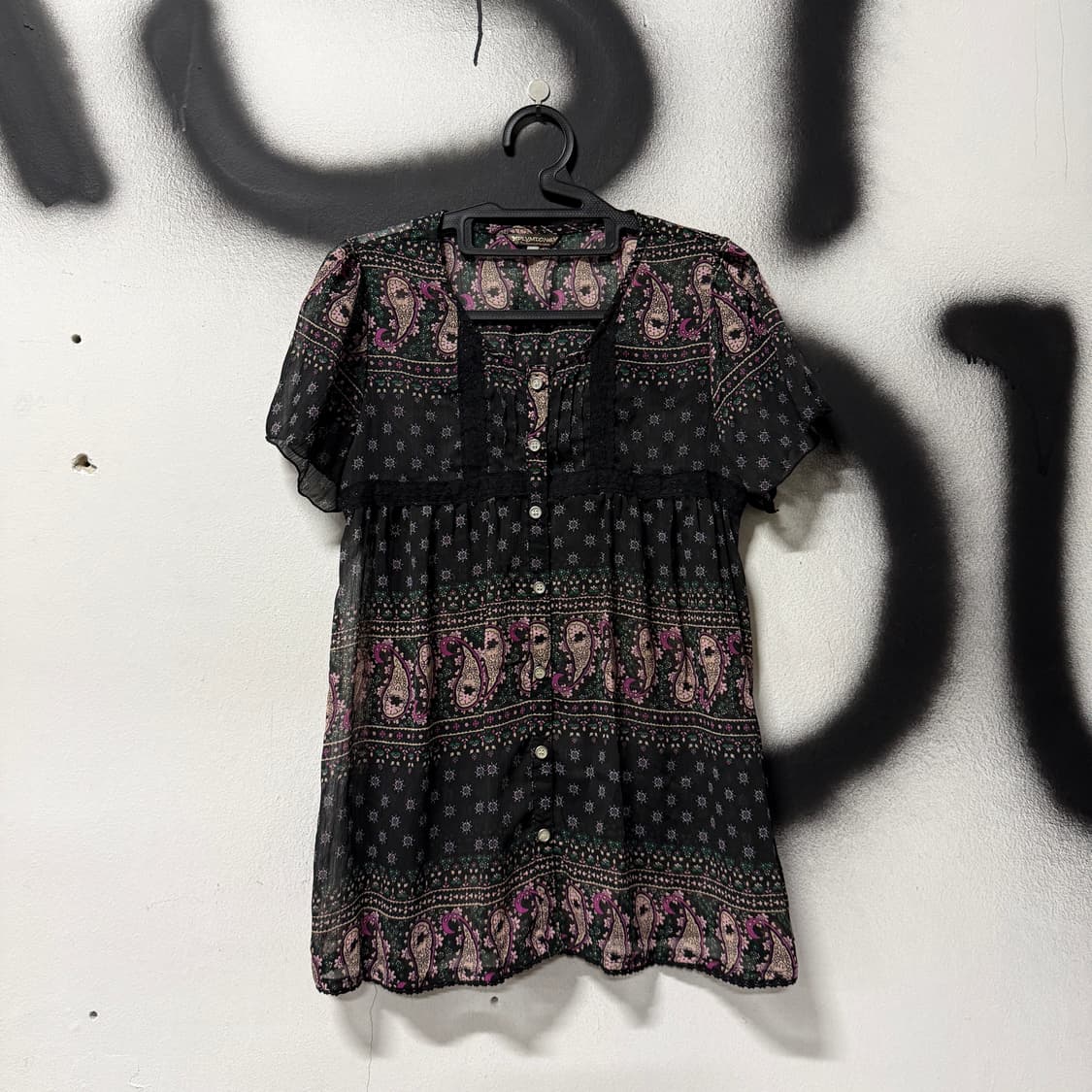 VTG 빈티지 블랙 모리 패턴 시스루 롱 반팔 블라우스 상품이미지1