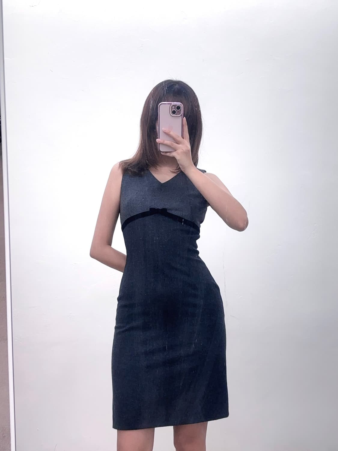 그레이 리본 딱붙핏 울 원피스 상품이미지1