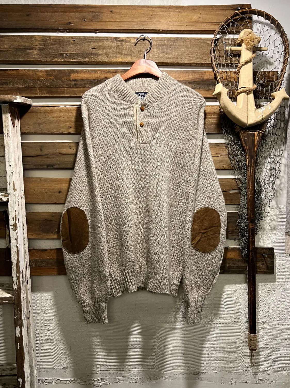 [M]90's Made in USA 헨리넥 엘보패치 멜란지 울 니트 상품이미지1