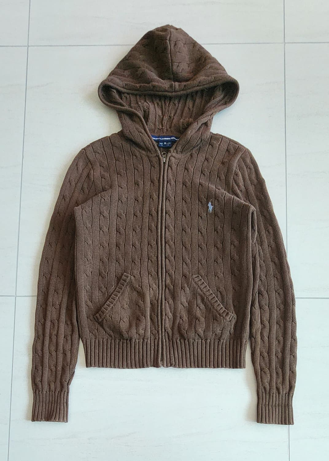 폴로 브라운 꽈배기 니트 후드집업 상품이미지1