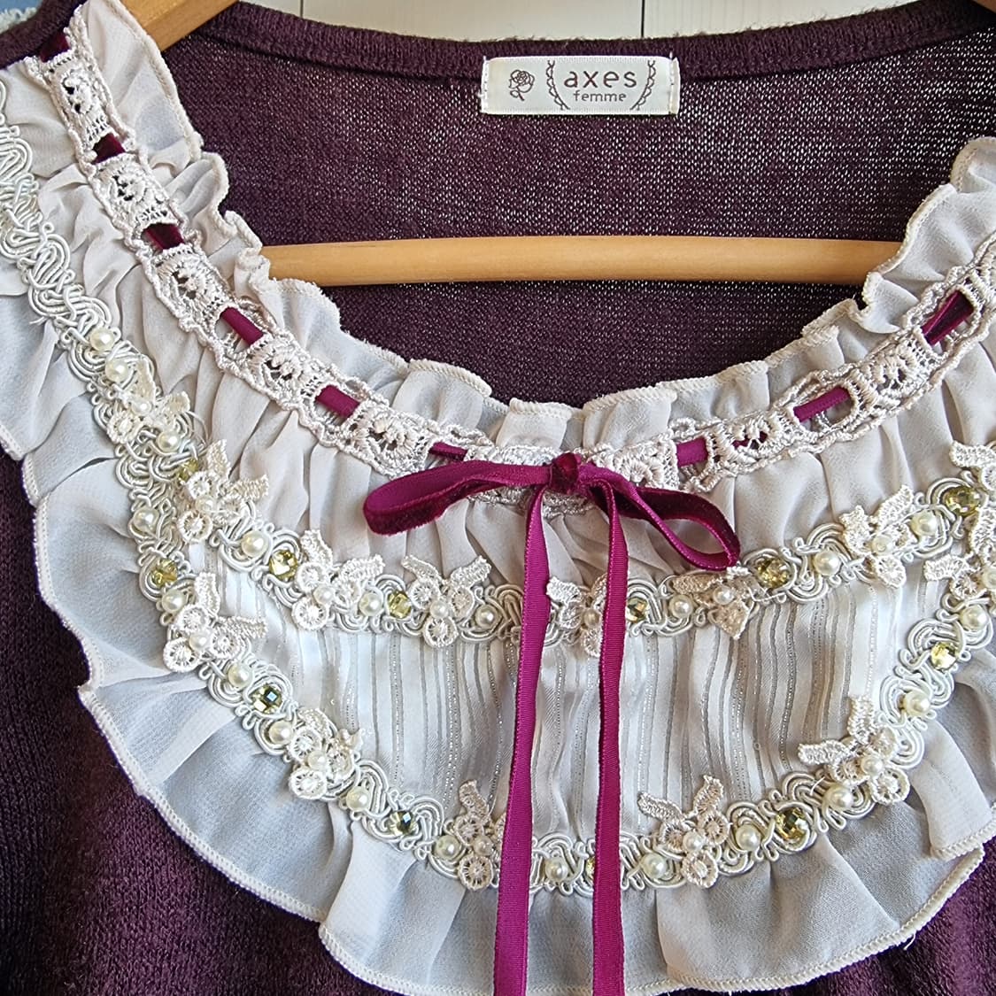 axes femme 레이스 프릴 벨벳 리본 니트 블라우스 상품이미지2