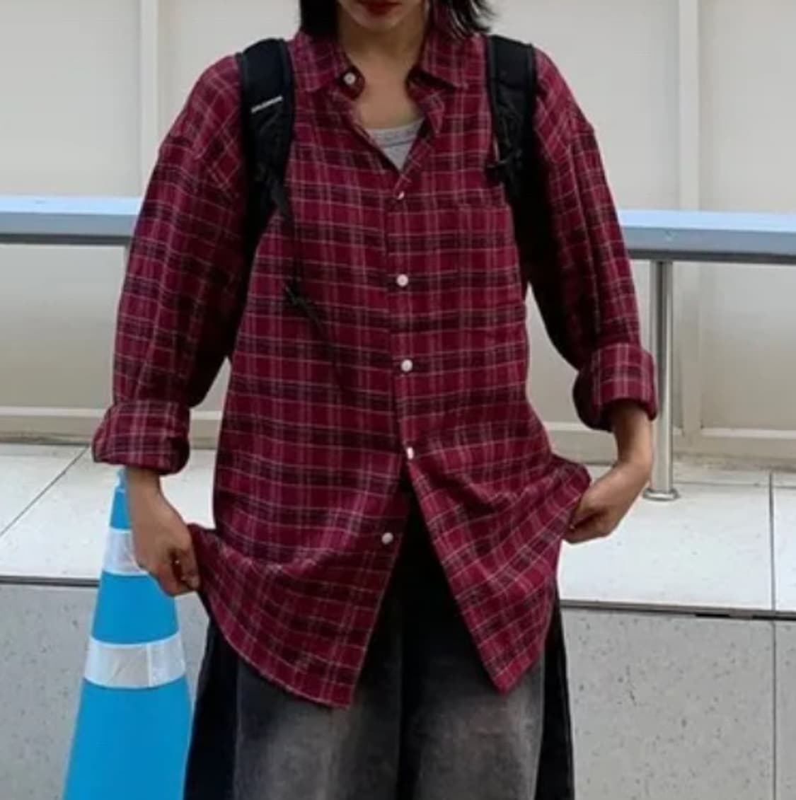 빈티지 체크 남방 오버핏 셔츠 버건디 상품이미지2