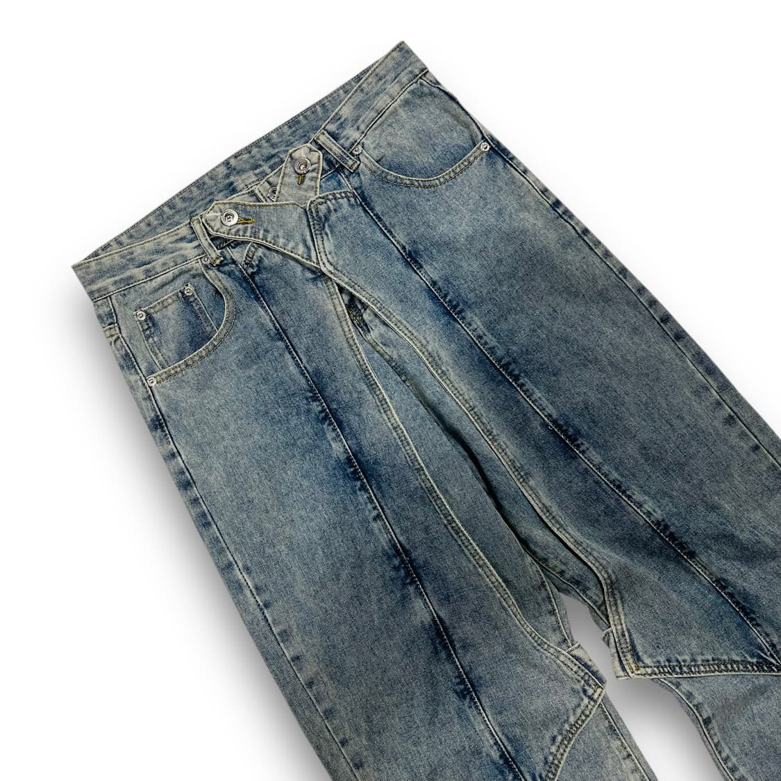 Spliced 크로스 레이어드 워싱 유니크 데님 팬츠 상품이미지2