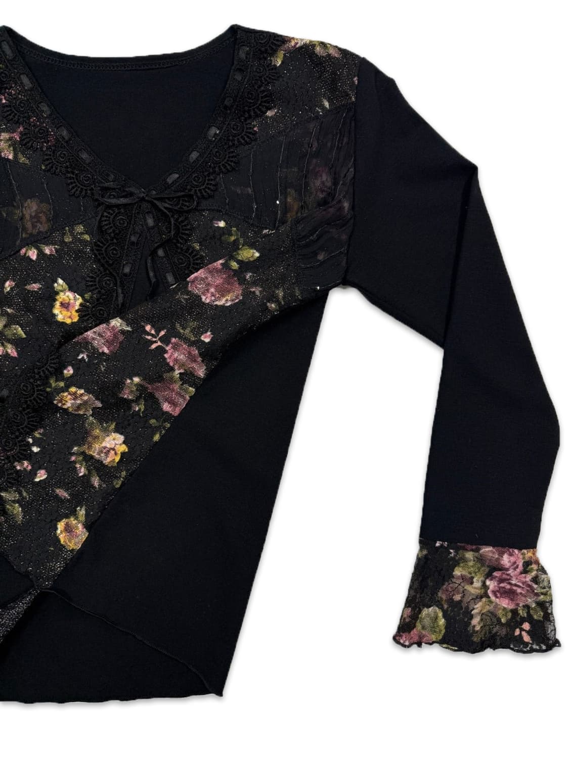 빈티지 블랙 시스루 로즈 리본 긴팔 블라우스 상품이미지4