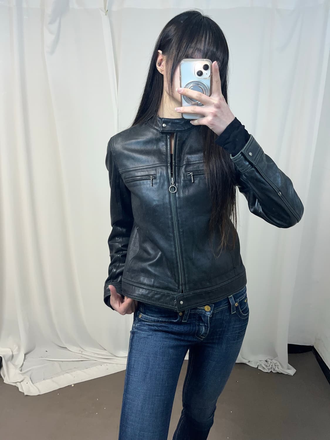 더블 지퍼포켓 블랙 레더 자켓 상품이미지6