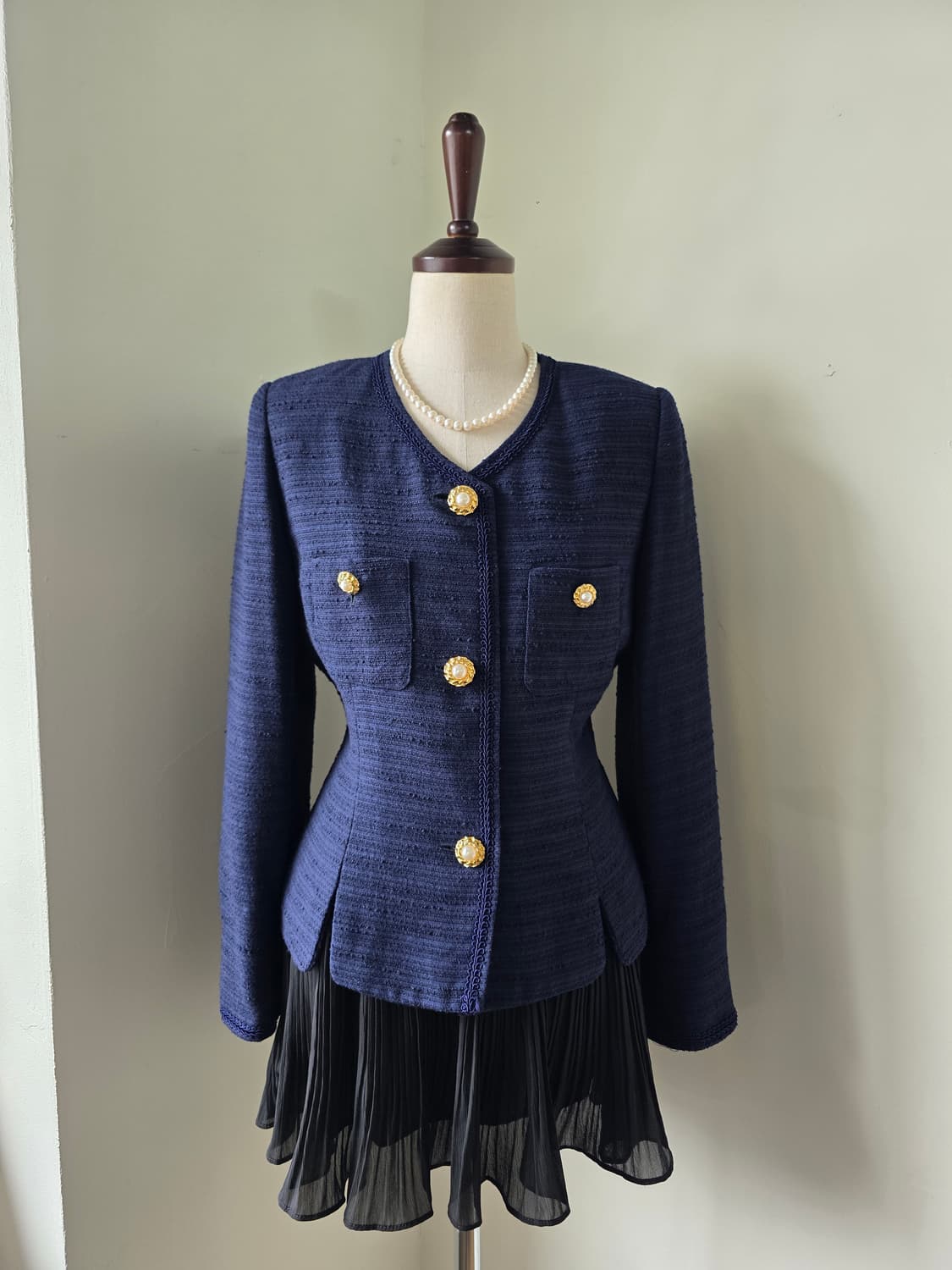 네이비 레이스 테이핑 부클 트위드 원피스 상품이미지3