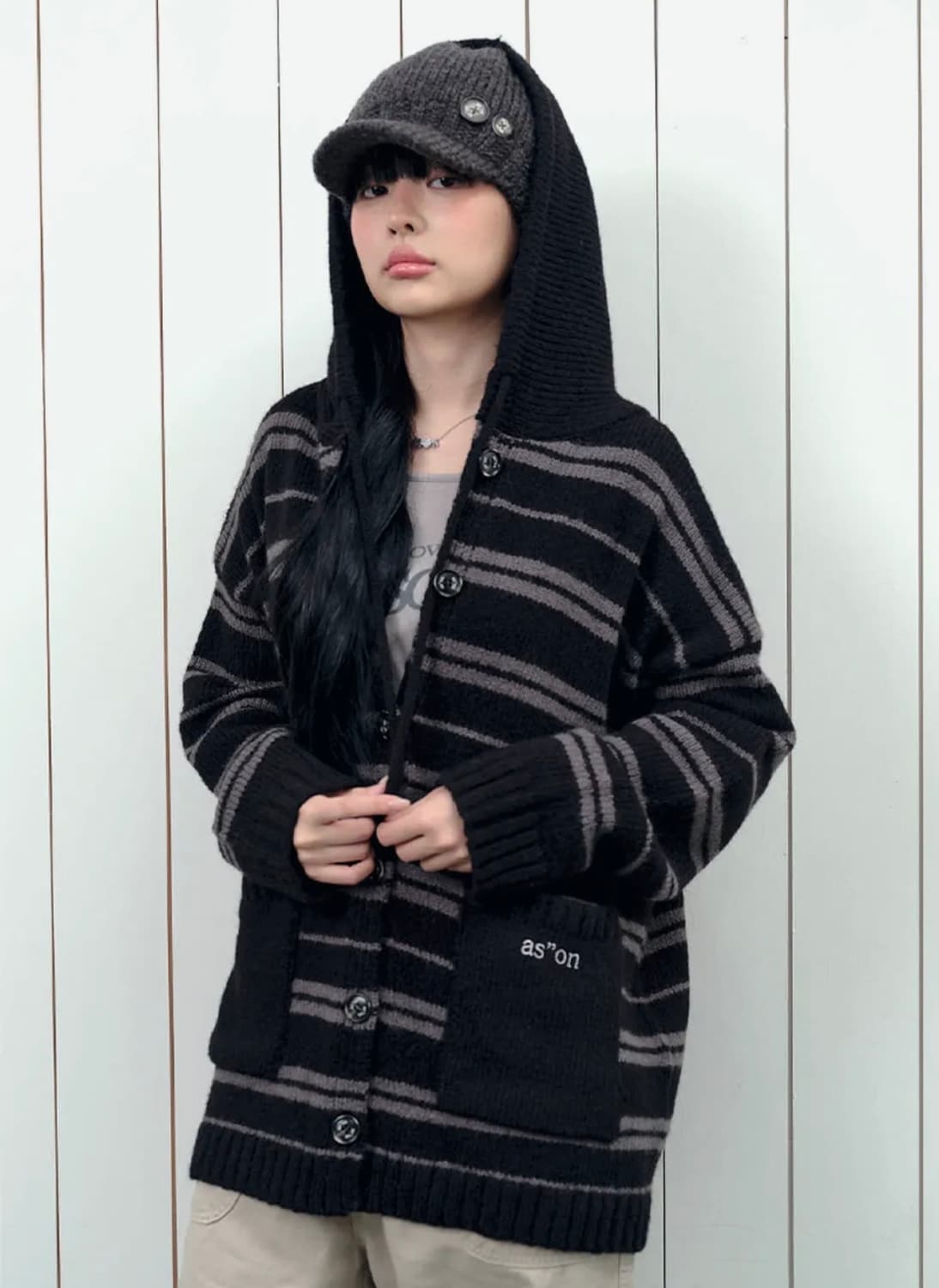 애즈온 BERA STRIPE HOOD CARDIGAN / BLACK 상품이미지1