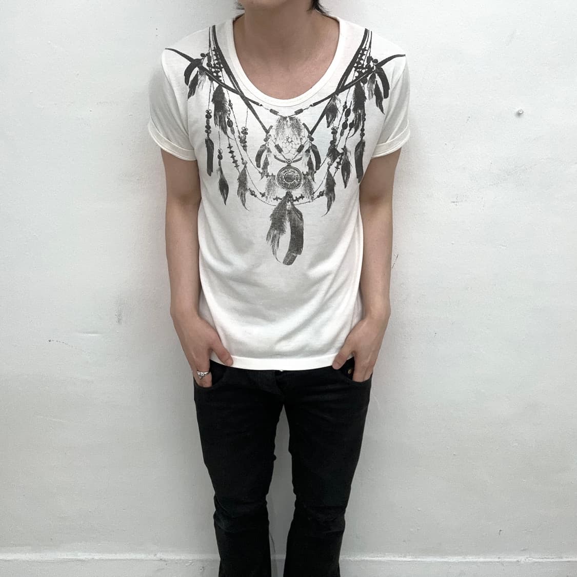 Feather necklace printing short sleeve 상품이미지1