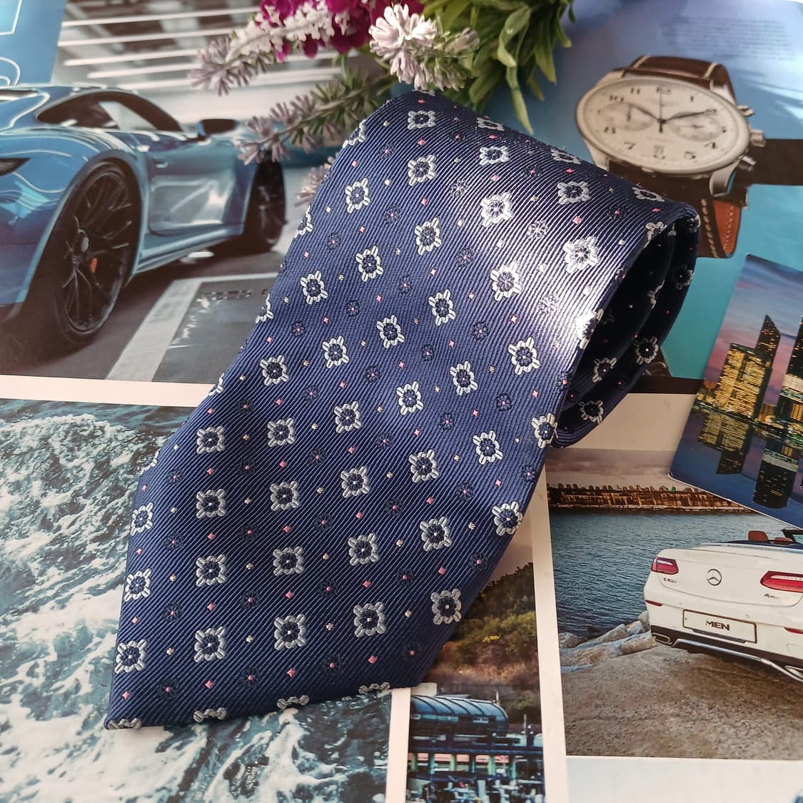 니나리치 실크 블루 플라워 자카드 넥타이 9.8cm A+등급 A18945 상품이미지2