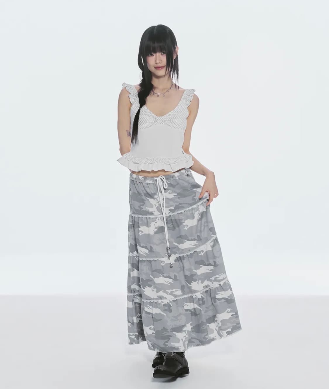 체리퀴리 lace stud cancan long sk - camo 상품이미지1