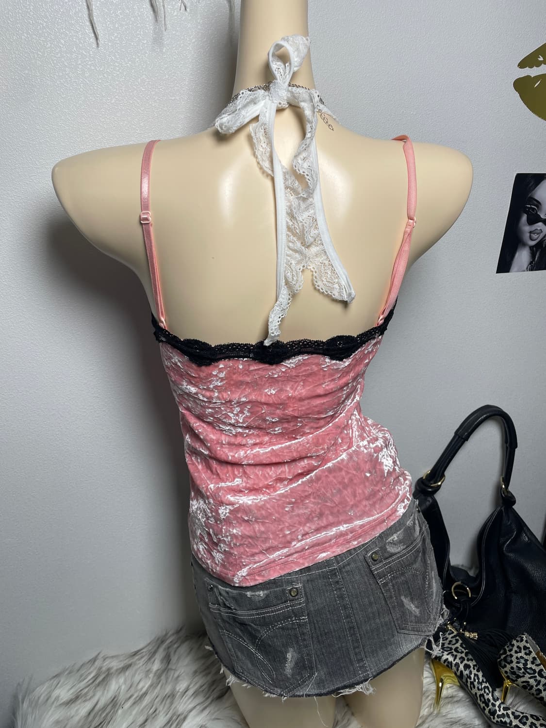 갸루 러블리 핑크 블랙 벨벳 레이스 슬리브리스 상품이미지3