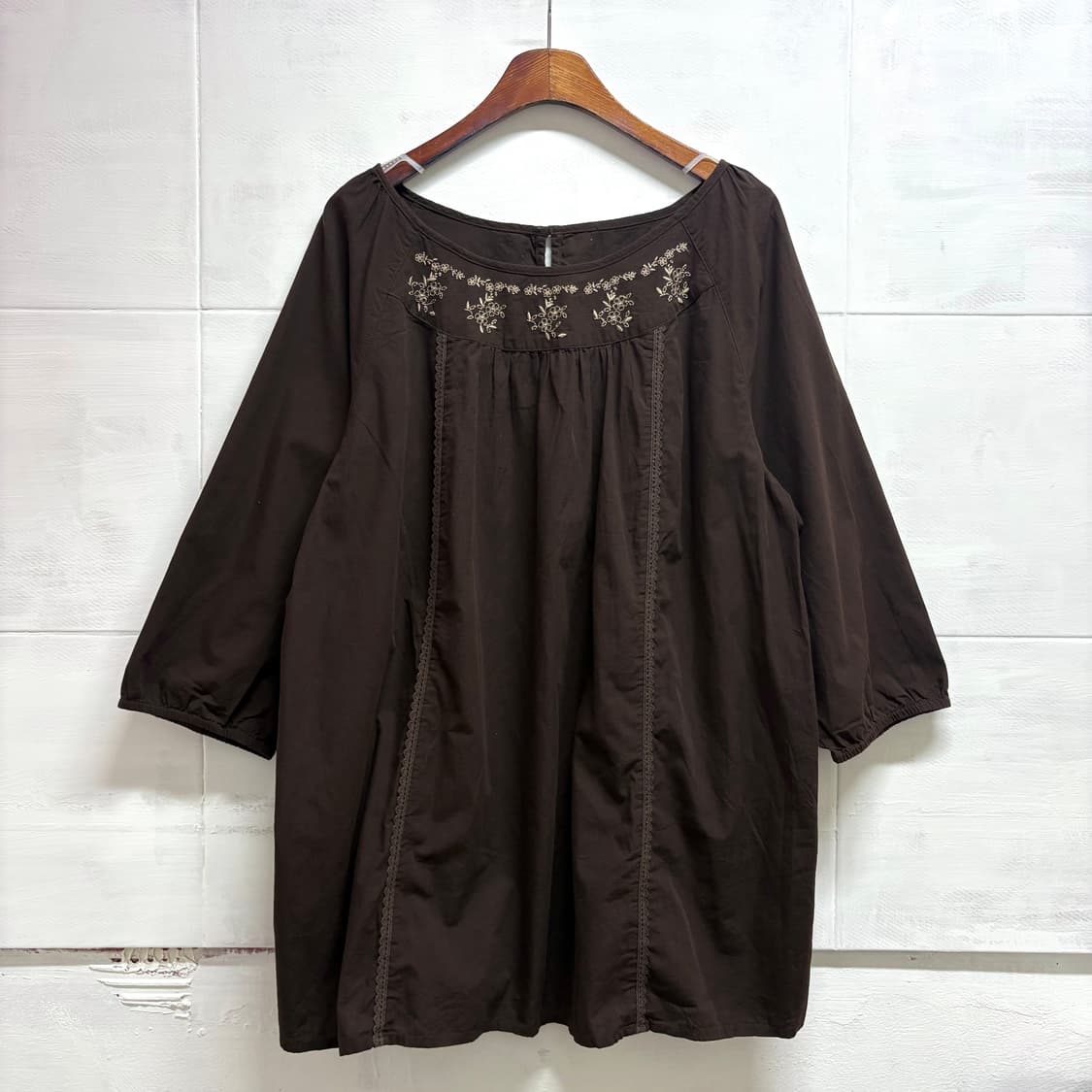 브라운 자수 모리걸 코튼 레이스 미니 원피스 JPN 상품이미지1