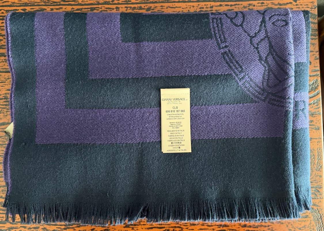베르사체 VERSACE 퍼플 블랙 메두사 로고 패턴 프린지 명품 머플러 상품이미지7