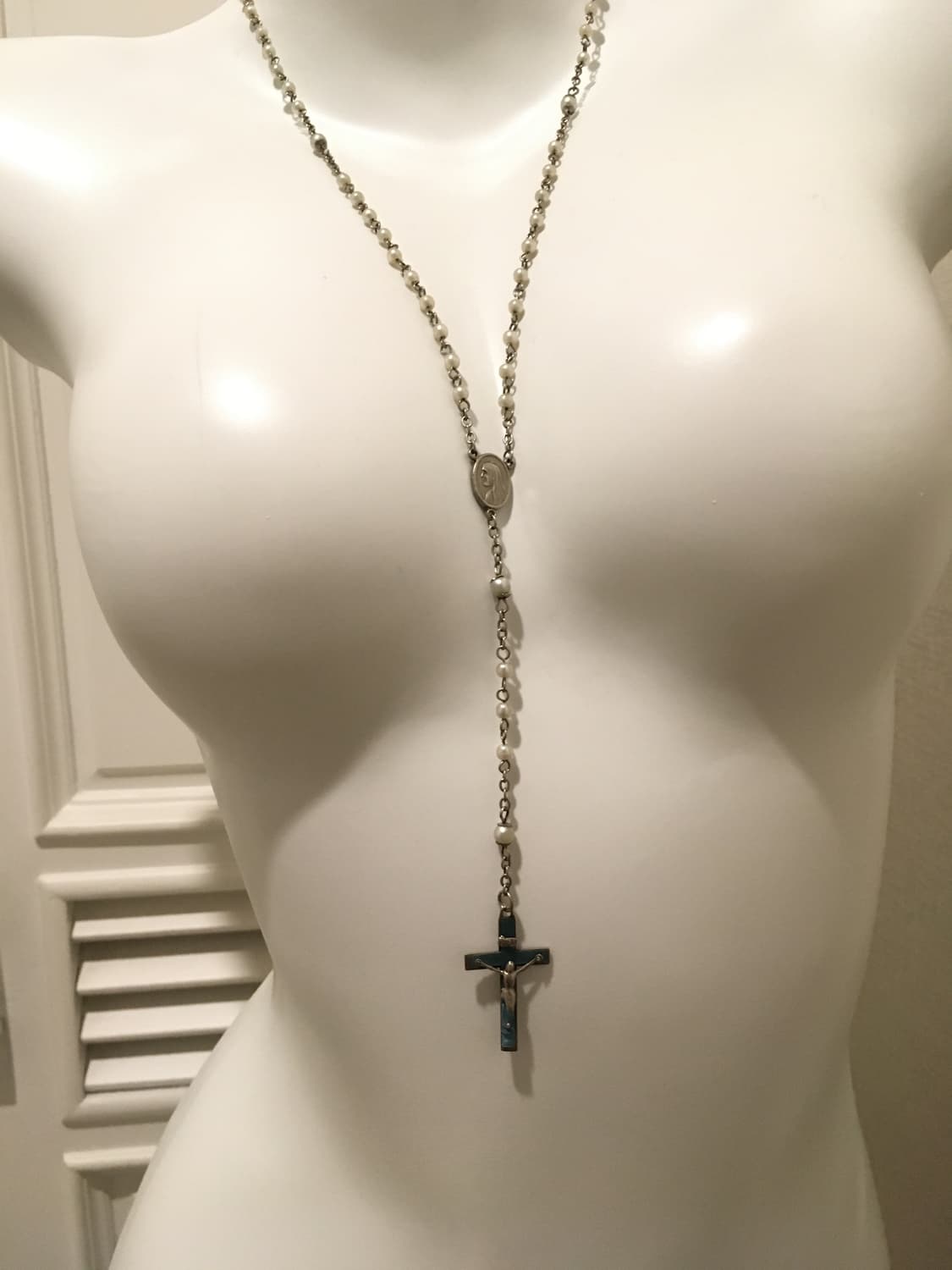 진주 청록 로자리오 십자가 네크리스 상품이미지1