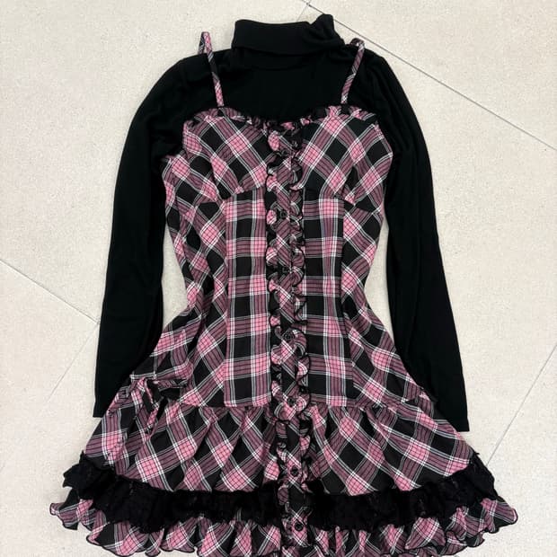 핑크체크 프릴 레이어드 원피스