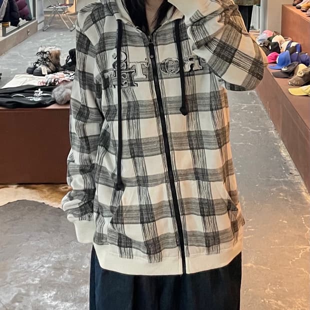 빈티지 그레이 체크 후드집업 H1735