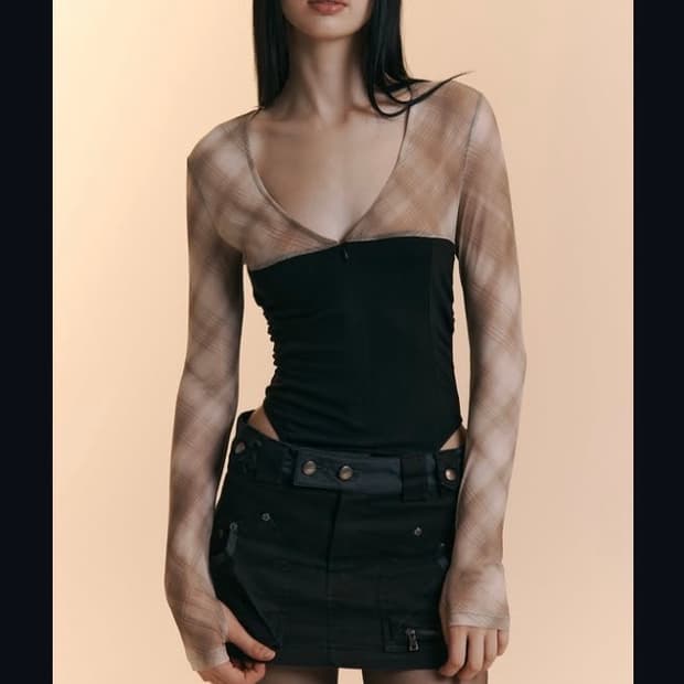 플리즈노팔로우 체크 바디수트 블랙 새상품