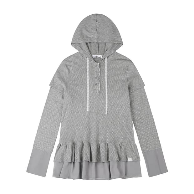 뚜오미오 프릴 쉬폰 후드 그레이 도트 레이어드 후드티