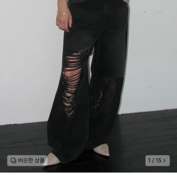 밀로우먼 커브드 데미지 와이드 진 흑청 데님