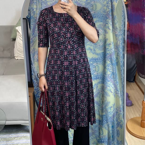 큐프라 100% 기하학 패턴 플레어 원피스