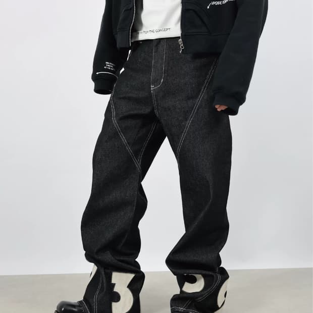 Structured Leather Patch Flare Denim Pan