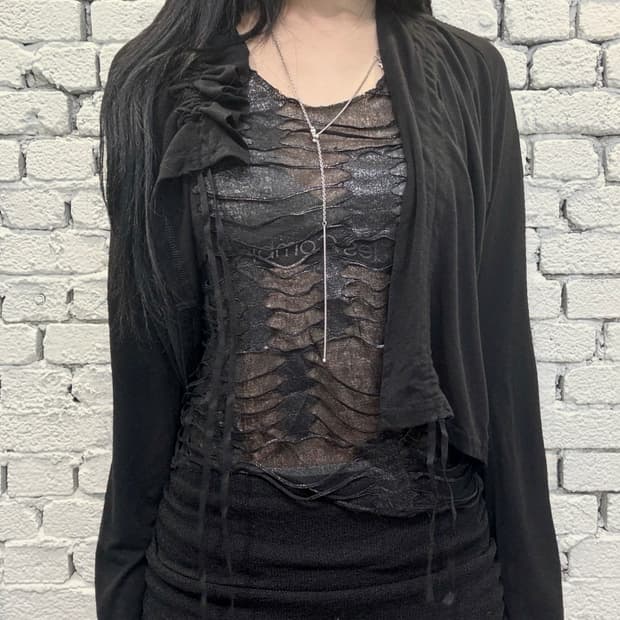 Noir Shirring Mesh Draped Cardigan