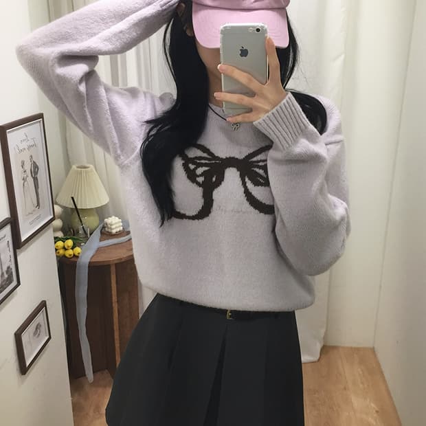 여성 빈티지 리본자수 크롭니트 100