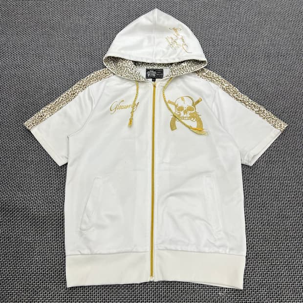 빈티지 갸루 레오파드 스컬 반팔후드져지